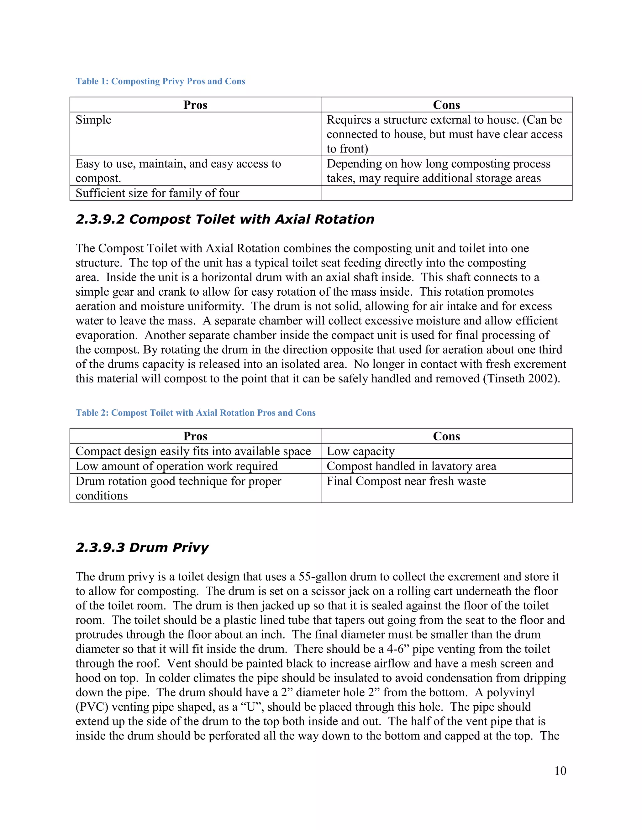 Table 1: Composting Privy Pros and Cons

                         Pros                                                    Cons
Simple                                                      Requires a structure external to house. (Can be
                                                            connected to house, but must have clear access
                                                            to front)
Easy to use, maintain, and easy access to                   Depending on how long composting process
compost.                                                    takes, may require additional storage areas
Sufficient size for family of four

2.3.9.2 Compost Toilet with Axial Rotation

The Compost Toilet with Axial Rotation combines the composting unit and toilet into one
structure. The top of the unit has a typical toilet seat feeding directly into the composting
area. Inside the unit is a horizontal drum with an axial shaft inside. This shaft connects to a
simple gear and crank to allow for easy rotation of the mass inside. This rotation promotes
aeration and moisture uniformity. The drum is not solid, allowing for air intake and for excess
water to leave the mass. A separate chamber will collect excessive moisture and allow efficient
evaporation. Another separate chamber inside the compact unit is used for final processing of
the compost. By rotating the drum in the direction opposite that used for aeration about one third
of the drums capacity is released into an isolated area. No longer in contact with fresh excrement
this material will compost to the point that it can be safely handled and removed (Tinseth 2002).

Table 2: Compost Toilet with Axial Rotation Pros and Cons

                    Pros                                                        Cons
Compact design easily fits into available space             Low capacity
Low amount of operation work required                       Compost handled in lavatory area
Drum rotation good technique for proper                     Final Compost near fresh waste
conditions



2.3.9.3 Drum Privy

The drum privy is a toilet design that uses a 55-gallon drum to collect the excrement and store it
to allow for composting. The drum is set on a scissor jack on a rolling cart underneath the floor
of the toilet room. The drum is then jacked up so that it is sealed against the floor of the toilet
room. The toilet should be a plastic lined tube that tapers out going from the seat to the floor and
protrudes through the floor about an inch. The final diameter must be smaller than the drum
diameter so that it will fit inside the drum. There should be a 4-6” pipe venting from the toilet
through the roof. Vent should be painted black to increase airflow and have a mesh screen and
hood on top. In colder climates the pipe should be insulated to avoid condensation from dripping
down the pipe. The drum should have a 2” diameter hole 2” from the bottom. A polyvinyl
(PVC) venting pipe shaped, as a “U”, should be placed through this hole. The pipe should
extend up the side of the drum to the top both inside and out. The half of the vent pipe that is
inside the drum should be perforated all the way down to the bottom and capped at the top. The

                                                                                                         10
 