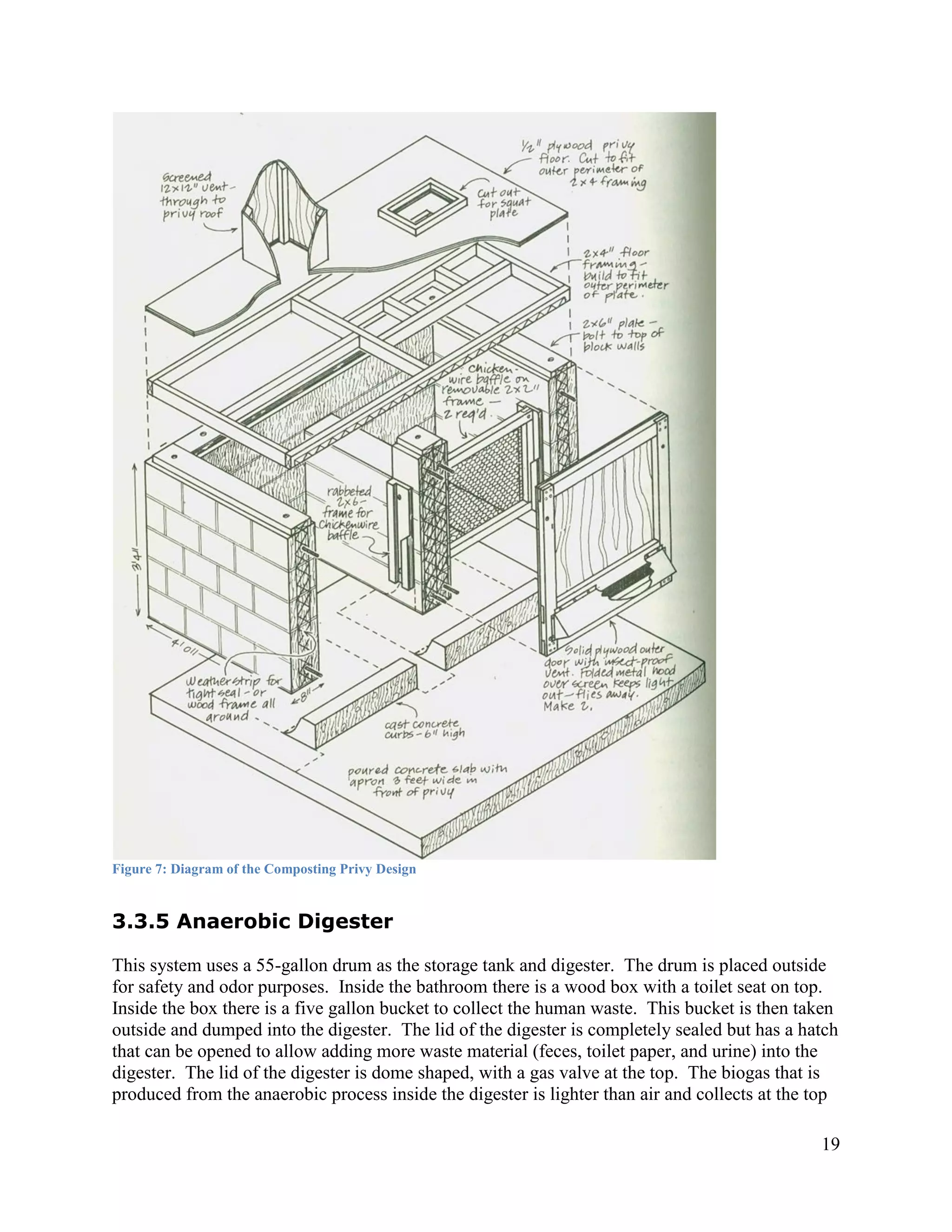 Figure 7: Diagram of the Composting Privy Design


3.3.5 Anaerobic Digester

This system uses a 55-gallon drum as the storage tank and digester. The drum is placed outside
for safety and odor purposes. Inside the bathroom there is a wood box with a toilet seat on top.
Inside the box there is a five gallon bucket to collect the human waste. This bucket is then taken
outside and dumped into the digester. The lid of the digester is completely sealed but has a hatch
that can be opened to allow adding more waste material (feces, toilet paper, and urine) into the
digester. The lid of the digester is dome shaped, with a gas valve at the top. The biogas that is
produced from the anaerobic process inside the digester is lighter than air and collects at the top

                                                                                                19
 