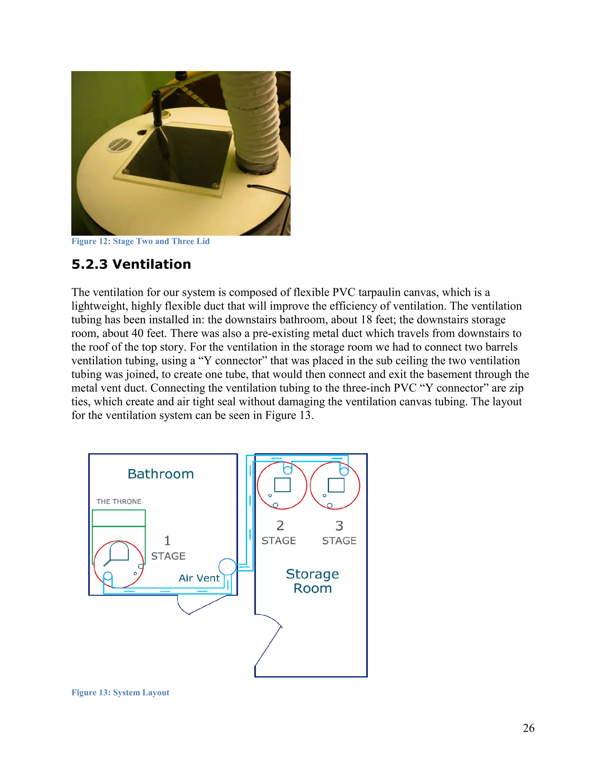 Figure 12: Stage Two and Three Lid

5.2.3 Ventilation

The ventilation for our system is composed of flexible PVC tarpaulin canvas, which is a
lightweight, highly flexible duct that will improve the efficiency of ventilation. The ventilation
tubing has been installed in: the downstairs bathroom, about 18 feet; the downstairs storage
room, about 40 feet. There was also a pre-existing metal duct which travels from downstairs to
the roof of the top story. For the ventilation in the storage room we had to connect two barrels
ventilation tubing, using a “Y connector” that was placed in the sub ceiling the two ventilation
tubing was joined, to create one tube, that would then connect and exit the basement through the
metal vent duct. Connecting the ventilation tubing to the three-inch PVC “Y connector” are zip
ties, which create and air tight seal without damaging the ventilation canvas tubing. The layout
for the ventilation system can be seen in Figure 13.




Figure 13: System Layout



                                                                                                26
 