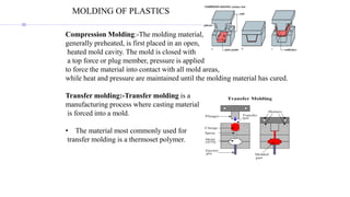 MOLDING OF PLASTICS
Compression Molding:-The molding material,
generally preheated, is first placed in an open,
heated mold cavity. The mold is closed with
a top force or plug member, pressure is applied
to force the material into contact with all mold areas,
while heat and pressure are maintained until the molding material has cured.
Transfer molding:-Transfer molding is a
manufacturing process where casting material
is forced into a mold.
• The material most commonly used for
transfer molding is a thermoset polymer.
 