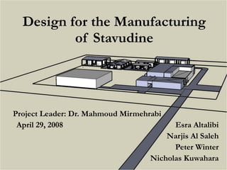 Design for the Manufacturing of Stavudine Project Leader: Dr. Mahmoud Mirmehrabi April 29, 2008   Esra Altalibi Narjis Al Saleh Peter Winter Nicholas Kuwahara 