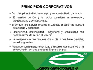 PRINCIPIOS CORPORATIVOS
● Con disciplina, trabajo en equipo y autocontrol todo ganamos.
● El sentido común y la lógica permiten la innovación,
productividad y competitividad.
● El corazón de Servientrega es el Cliente. El garantiza nuestra
estabilidad y desarrollo.
● Oportunidad, confiabilidad, seguridad y sensibilidad son
nuestra razón de ser en el servicio
● La competencia nos renueva día a día y nos hace grandes,
entre los grandes.
● Actuando con lealtad, honestidad y respeto, contribuimos a la
construcción de una sociedad Digna y en paz.
 
