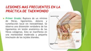 LESIONES MAS FRECUENTES EN LA
PRÁCTICA DE TAEKWONDO


Primer Grado: Ruptura de un mínimo
de fibras, ligamentos, dolores y
tumefacción local sin inestabilidad. Se
observa una distensión verdadera de los
ligamentos sin lesión anatómica de las
fibras colágenas. Esto se manifiesta en
una morbosidad moderada y pequeña
hinchazón de los tejidos blandos.

 