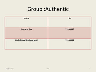 Group :Authentic
Name ID
Jannatul Ara 13103030
Mahabuba Siddiqua jyoti 13103093
10/31/2015 2DFA
 