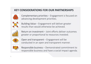 KEY CONSIDERATIONS FOR OUR PARTNERSHIPS
Complementary priorities – Engagement is focused on
advancing development priorities.
Building Value – Engagement will deliver greater
results than would otherwise be achieved.
Return on investment – Joint efforts deliver outcomes
greater or proportional to resources invested.
Open and transparent – Engagement will be
conducted in an open and transparent manner.
Responsible business – Demonstrated commitment to
responsible business and have a social impact agenda.
6
 