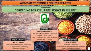 Seminar on
“ BREEDING FOR VIRUS RESISTANCE IN PULSES”
Dr. H. N. ZALA
Assistant Professor,
Department of Genetics and Plant Breeding,
SDAU, Sardarkrushinagar.
Dr. P. T. PATEL
Directorate of Extension education,
S.D. Agricultural University,
Sardarkrushinagar.
Bamania Dheeraj D.
Reg. No: 04-AGRMA-02196-2020
Degree : M.Sc. (Agri.)
Dept. : Genetics and Plant Breeding
Course No. : GP 591
SPEAKER
MAJOR ADVISOR MINOR ADVISOR
1
WELCOME TO SEMINAR SERIES 2021-2022
 