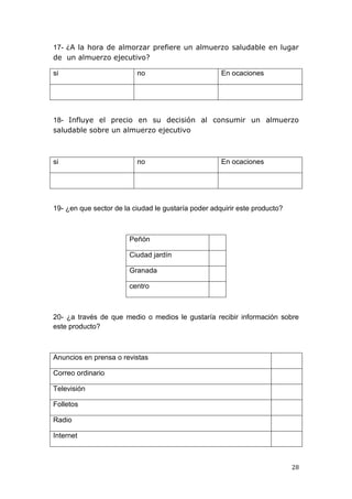 17- ¿A la hora de almorzar prefiere un almuerzo saludable en lugar
de un almuerzo ejecutivo?

si                        no                         En ocaciones




18- Influye el precio en su decisión al consumir un almuerzo
saludable sobre un almuerzo ejecutivo



si                        no                         En ocaciones




19- ¿en que sector de la ciudad le gustaría poder adquirir este producto?



                        Peñón

                        Ciudad jardín

                        Granada

                        centro



20- ¿a través de que medio o medios le gustaría recibir información sobre
este producto?



Anuncios en prensa o revistas

Correo ordinario

Televisión

Folletos

Radio

Internet



                                                                            28
 