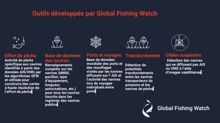Outils développés par Global Fishing Watch
Effort de pêche
Activité de pêche
spécifique aux navires
identifiés à partir des
données AIS/VMS par
les algorithmes GFW
et utilisée pour
construire des cartes
à haute résolution de
l’effort de pêche
Base de données
des navires
Renseignements
complets sur les
navires (MMSI,
pavillon, type
d’équipement,
longueur,
autorisations, etc.)
pour tous les navires
inscrits dans les
registres des navires
publics
Ports et voyages
Base de données
mondiale des ports et
des mouillages
visités par les navires
diffusant sur l’ AIS et
l’activité des navires
lors de voyages
individuels entre
ports
Transbordement
Détection de
potentiels
transbordements
entre les navires
transporteurs de
poissons et les
navires de pêche
Cibles suspectes
Détection des navires
qui ne diffusent pas AIS
ou VMS à l’aide
d’images satellitaires
 