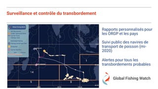 Rapports personnalisés pour
les ORGP et les pays
Suivi public des navires de
transport de poisson (mi-
2020)
Alertes pour tous les
transbordements probables
Surveillance et contrôle du transbordement
 