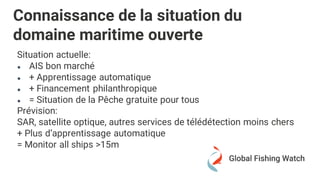 Situation actuelle:
● AIS bon marché
● + Apprentissage automatique
● + Financement philanthropique
● = Situation de la Pêche gratuite pour tous
Prévision:
SAR, satellite optique, autres services de télédétection moins chers
+ Plus d’apprentissage automatique
= Monitor all ships >15m
Connaissance de la situation du
domaine maritime ouverte
 