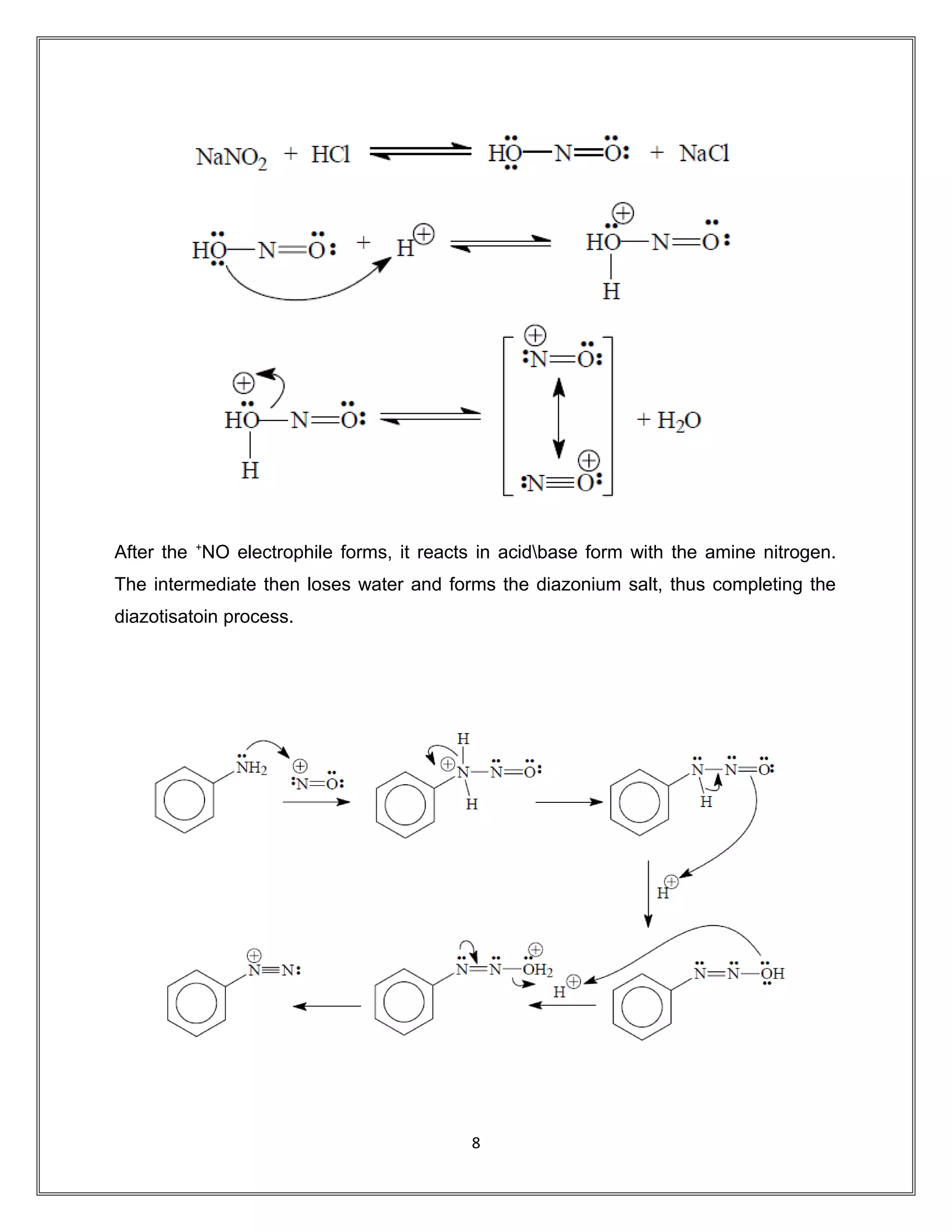 After the +
NO electrophile forms, it reacts in acidbase form with the amine nitrogen.
The intermediate then loses water and forms the diazonium salt, thus completing the
diazotisatoin process.
8
 