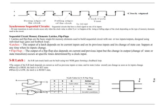 Fig : clock signal
Synchronous Sequential Circuits: Sequential circuits that have a clock signal as one of its inputs:
– All state transitions in such circuits occur only when the clock value is either 0 or 1 or happen at the rising or falling edges of the clock depending on the type of memory elements
used in the circuit.
Sequential Circuit Memory Elements: Latches, Flip-Flops
• Latches and flip-flops are the basic single-bit memory elements used to build sequential circuit with one or two inputs/outputs, designed using
individual logic gates and feedback loops.
•Latches: – The output of a latch depends on its current inputs and on its previous inputs and its change of state can happen at
any time when its inputs change.
• Flip-Flop: – The output of a flip-flop also depends on current and previous input but the change in output (change of state or
state transition) occurs at specific times determined by a clock input.
S-R Latch : An S-R (set-reset) latch can be built using two NOR gates forming a feedback loop.
•The output of the S-R latch depends on current as well as previous inputs or state, and its state (value stored) can change as soon as its inputs change.
•When Q is HIGH, the latch is in SET state.
•When Q is LOW, the latch is in RESET state.
S Q
R Q'
Fig : SR latch circuit diagram, truth table and symbol
 