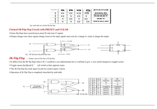 Fig: truth table for clocked SR flip flop
Clocked SR Flip Flop Circuit with PRESET and CLEAR
Some flip-flops have asynchronous preset Pr and clear Cl signals.
Output changes once these signals change, however the input signals must wait for a change in clock to change the output
Fig : SR flip flop with preset and clear
JK Flip Flop : Another types of Flip flop is JK flip flop.
It differs from the RS flip flops when J=K=1 condition is not indeterminate but it is defined to give a very useful changeover (toggle) action.
Toggle means that Q and Q ¯ will switch to their opposite states.
The JK Flip flop has clock input Cp and two control inputs J and K.
Operation of Jk Flip Flop is completely described by truth table
Fig : JK flip flop
 