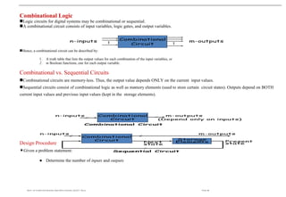 Combinational Logic
Logic circuits for digital systems may be combinational or sequential.
A combinational circuit consists of input variables, logic gates, and output variables.
Hence, a combinational circuit can be described by:
1. A truth table that lists the output values for each combination of the input variables, or
2. m Boolean functions, one for each output variable.
Combinational vs. Sequential Circuits
Combinational circuits are memory-less. Thus, the output value depends ONLY on the current input values.
Sequential circuits consist of combinational logic as well as memory elements (used to store certain circuit states). Outputs depend on BOTH
current input values and previous input values (kept in the storage elements).
Design Procedure
Given a problem statement:
● Determine the number of inputs and outputs
Dept. of Computer Science And Applications, SJCET, Palai Page 46
 