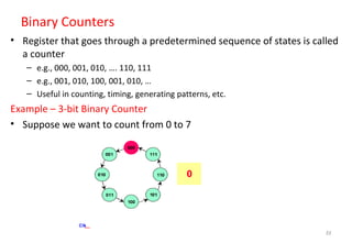 Binary Counters
• Register that goes through a predetermined sequence of states is called
a counter
– e.g., 000, 001, 010, …. 110, 111
– e.g., 001, 010, 100, 001, 010, …
– Useful in counting, timing, generating patterns, etc.
Example – 3-bit Binary Counter
• Suppose we want to count from 0 to 7
44
 