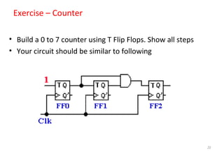 Exercise – Counter
• Build a 0 to 7 counter using T Flip Flops. Show all steps
• Your circuit should be similar to following
50
 