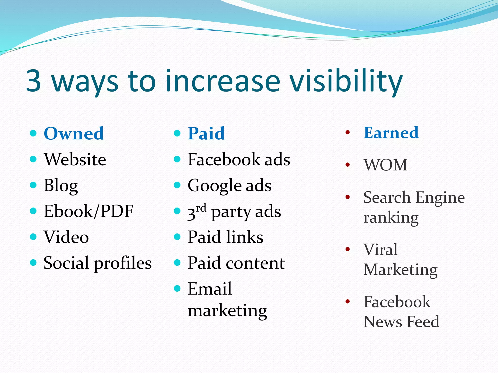 3 ways to increase visibility
 Owned
 Website
 Blog
 Ebook/PDF
 Video
 Social profiles
 Paid
 Facebook ads
 Google ads
 3rd party ads
 Paid links
 Paid content
 Email
marketing
• Earned
• WOM
• Search Engine
ranking
• Viral
Marketing
• Facebook
News Feed
 