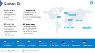 INDIA OFFICE
Cygnet Infotech Pvt. Ltd.
16-Swastik Society,
Nr. AMCO Bank, Stadium Circle,
Navrangpura, Ahmedabad 380009
+91-79-67124000
INDIA (PUNE)
+91-6359650113
INDIA (MUMBAI)
+91-7433970638
INDIA (NOIDA)
+91-12-04164954
SOUTH AFRICA
+27 (0) 21 3002981
AUSTRALIA
+61-280-147-206
UK
+44-20-8099-1653
GERMANY
+49-3222-1090-129
USA
GERMANY
UK
SOUTH AFRICA
DUBAI
INDIA
AUSTRALIA
USA OFFICE
Cygnet Infotech LLC.
125 Village Boulevard,
Suite 315, Princeton,
NJ 08540
+1-609-245-0971
DUBAI OFFICE
Cygnet Fintech Software
Unit 807, Ubora Tower 2,
Business Bay, Dubai,
UAE, PO Box No.: 418360
+971 52 830 5127
Contact Us
INDIA (BENGALURU)
+91-9986216516
inquiry@cygnetinfotech.com www.cygnet-infotech.com
UK OFFICE
Cygnet Infotech Limited
Devonshire House,
60 Goswell Road,
London, United Kingdom
EC1M 7AD
+44-20-8099-1653
 