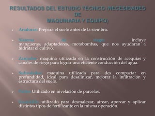 











Aradoras: Prepara el suelo antes de la siembra.

Sistema
de
riego:
incluye
mangueras, adaptadores, motobombas, que nos ayudaran a
hidratar el cultivo.
Zanjador: maquina utilizada en la construcción de acequias y
canales de riego para lograr una eficiente conducción del agua.
Subsolador: maquina utilizada para des compactar en
profundidad, ideal para desalinizar, mejorar la infiltración y
estructura del suelo.

Palón: Utilizado en nivelación de parcelas.
Escardillo: utilizado para desmalezar, airear, aporcar y aplicar
distintos tipos de fertilizante en la misma operación.

 