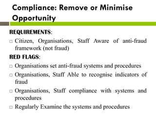 Compliance: Remove or Minimise
Opportunity
REQUIREMENTS:
 Citizen, Organisations, Staff Aware of anti-fraud
framework (no...