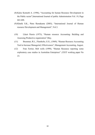 10
(8) Kalse Kenneth A. (1996), “Accounting for human Resource Development in
the Public sector”,International Journal of public Administration Vol. 19, Page
661-688.
(9) Khatik S.K., Patra Ramakanta (2003), “International Journal of Human
resource Development and Management”, Vol.3.
(10) Likert Pensis (1973), “Human resource Accounting: Building and
Assessing Productive organization”,May.
(11) Brummet, R.L., Flamholtz, E.G., (1969), “Human Resource Accounting
Tool to Increase Managerial, Effectiveness”, Management Accounting, August.
(12) Fran Ferrier, Rob wells (1999), “Human Resource reporting some
exploratory case studies in Australian Enterprises” ,CEET working paper No
23.
 