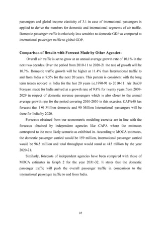 37
passengers and global income elasticity of 3.1 in case of international passengers is
applied to derive the numbers for domestic and international segments of air traffic.
Domestic passenger traffic is relatively less sensitive to domestic GDP as compared to
international passenger traffic to global GDP.
Comparison of Results with Forecast Made by Other Agencies:
Overall air traffic is set to grow at an annual average growth rate of 10.1% in the
next two decades. Over the period from 2010-11 to 2020-21 the rate of growth will be
10.7%. Domestic traffic growth will be higher at 11.4% than International traffic to
and from India at 9.5% for the next 20 years. This pattern is consistent with the long
term trends noticed in India for the last 20 years i.e.1990-91 to 2010-11. Air Bus39
Forecast made for India arrived at a growth rate of 9.8% for twenty years from 2009-
2029 in respect of domestic revenue passengers which is also closer to the annual
average growth rate for the period covering 2010-2030 in this exercise. CAPA40 has
forecast that 180 Million domestic and 90 Million International passengers will be
there for India by 2020.
Forecasts obtained from our econometric modeling exercise are in line with the
forecasts obtained by independent agencies like CAPA where the estimates
correspond to the most likely scenario as exhibited in. According to MOCA estimates,
the domestic passenger carried would be 159 million, international passenger carried
would be 96.5 million and total throughput would stand at 415 million by the year
2020-21.
Similarly, forecasts of independent agencies have been compared with those of
MOCA estimates in Graph 2 for the year 2031-32. It states that the domestic
passenger traffic will push the overall passenger traffic in comparison to the
international passenger traffic to and from India.
 