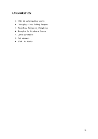 16
6.2 SUGGESTION
 Offer fair and competitive salaries
 Developing a Good Training Program.
 Reward and Recognition of employees
 Strengthen the Recruitment Process
 Career opportunities
 Exit Interviews
 Work Life Balance.
 