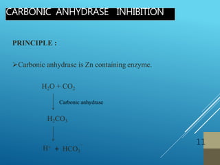 CARBONIC ANHYDRASE INHIBITION
11
H+
_
+ HCO3
PRINCIPLE :
Carbonic anhydrase is Zn containing enzyme.
H2O + CO2
H2CO3
 