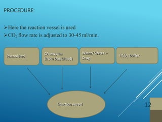 PROCEDURE:
12
Here the reaction vessel is used
CO2 flow rate is adjusted to 30-45ml/min.
Reaction vessel
Phenol Red
CA enzyme
(from Dog blood)
Water/ Water +
Drug 3HCO - buffer
 