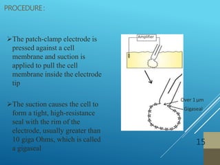 PROCEDURE:
15
The patch-clamp electrode is
pressed against a cell
membrane and suction is
applied to pull the cell
membrane inside the electrode
tip
The suction causes the cell to
form a tight, high-resistance
seal with the rim of the
electrode, usually greater than
10 giga Ohms, which is called
a gigaseal
Over 1 μm
Gigaseal
Amplifier
 
