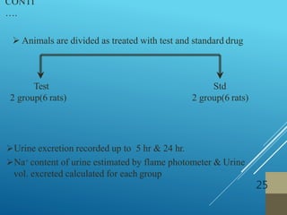 Urine excretion recorded up to 5 hr & 24 hr.
Na+ content of urine estimated by flame photometer & Urine
vol. excreted calculated for each group
Test
2 group(6 rats)
Std
2 group(6 rats)
 Animals are divided as treated with test and standard drug
CONTI
….
25
 
