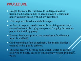PROCEDURE
 Beagle dogs of either sex have to undergo intensive
training to be accustomed to accept gavage feeding and
hourly catheterization without any resistance.
 The dogs are placed in metabolic cages.
 At least 4 dogs are used as controls receiving water only,
as standard controls 1 g/kg urea p.o. or 5 mg/kg furosemide
p.o. or the test drug group.
 Twenty-four hours prior to the experiment food but not
water is withheld.
 On the morning of the experiment, the urinary bladder is
emptied with a plastic catheter.
 The dogs receive 20 ml/kg body weight water by gavage,
followed by hourly doses of 4 ml/kg body weight drinking
water.
31
 