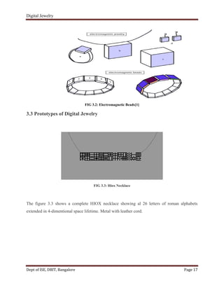 Digital Jewelry
Dept of ISE, DBIT, Bangalore Page 17
FIG 3.2: Electromagnetic Beads[1]
3.3 Prototypes of Digital Jewelry
FIG 3.3: Hiox Necklace
The figure 3.3 shows a complete HIOX necklace showing al 26 letters of roman alphabets
extended in 4-dimentional space lifetime. Metal with leather cord.
 