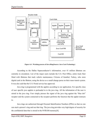 Digital Jewelry
Dept of ISE, DBIT, Bangalore Page 23
Figure 4.4 : Working process of Java Ring(Source: Java Card Technology)
According to the Dallas Superconductor‟s information, over 41 million iButtons are
currently in circulation. List of the major users include the U.S. Post Office, entire truck fleet
fitted with iButtons that track vehicle maintenance; Citizens of Istanbul, Turkey, who store
digital cash in the iButton, using the device as a small change purse on their mass transit system.
It was also said that the U.S. Postal service has approved.
Java ring is programmed with the applets according to our application. For specific class
of user specific java applets is preloaded in to the java ring. All the information of the user is
stored in the java ring. User simply presses the signet of the java ring against the “blue dot”
receptor and the system connected to the receptor performs the function that the applet instructs
to.
Java rings are authorized through Personal Identification Numbers (PINs) so that no one
can steal a person‟s ring and use that ring. The java ring provides very high degree of security for
the confidential data that is stored in the NVRAM memory[4].
 