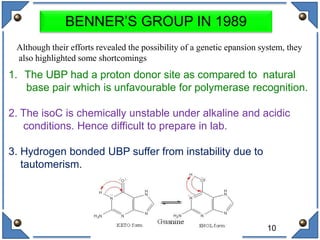 10
BENNER’S GROUP IN 1989
1. The UBP had a proton donor site as compared to natural
base pair which is unfavourable for polymerase recognition.
2. The isoC is chemically unstable under alkaline and acidic
conditions. Hence difficult to prepare in lab.
3. Hydrogen bonded UBP suffer from instability due to
tautomerism.
Although their efforts revealed the possibility of a genetic epansion system, they
also highlighted some shortcomings
 
