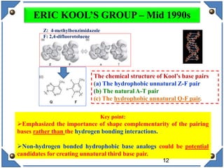 The chemical structure of Kool’s base pairs
(a) The hydrophobic unnatural Z-F pair
(b) The natural A-T pair
(c) The hydrophobic unnatural Q-F pair.
Key point:
Emphasized the importance of shape complementarity of the pairing
bases rather than the hydrogen bonding interactions.
Non-hydrogen bonded hydrophobic base analogs could be potential
candidates for creating unnatural third base pair.
ERIC KOOL’S GROUP – Mid 1990s
12
Z: 4-methylbenzimidazole
F: 2,4-difluorotoluene
 