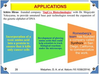 Incorporation of a
toxic amino acid
into a protein to
ensure that it kills
only cancer cells
Development of glowing
amino acids that could
help scientists to track
biological reactions
under the microscope.
Romesberg’s
team has founded
a company called
Synthorx in San
Diego, California,
to commercialize
the work.
Malyshev, D. A. et al. Nature /10.1038/(2014).
APPLICATIONS
28
Ichiro Hirao founded company ‘TagCyx Biotechnologies’ with Dr. Shigeyuki
Yokoyama, to provide unnatural base pair technologies toward the expansion of
the genetic alphabet of DNA
 