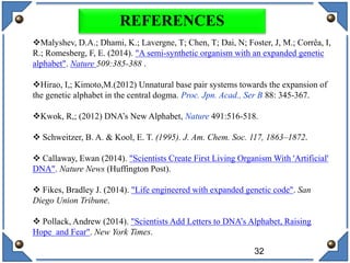 Malyshev, D.A.; Dhami, K.; Lavergne, T; Chen, T; Dai, N; Foster, J, M.; Corrêa, I,
R.; Romesberg, F, E. (2014). "A semi-synthetic organism with an expanded genetic
alphabet". Nature 509:385-388 .
Hirao, I,; Kimoto,M.(2012) Unnatural base pair systems towards the expansion of
the genetic alphabet in the central dogma. Proc. Jpn. Acad., Ser B 88: 345-367.
Kwok, R,; (2012) DNA’s New Alphabet, Nature 491:516-518.
 Schweitzer, B. A. & Kool, E. T. (1995). J. Am. Chem. Soc. 117, 1863–1872.
 Callaway, Ewan (2014). "Scientists Create First Living Organism With 'Artificial'
DNA". Nature News (Huffington Post).
 Fikes, Bradley J. (2014). "Life engineered with expanded genetic code". San
Diego Union Tribune.
 Pollack, Andrew (2014). "Scientists Add Letters to DNA’s Alphabet, Raising
Hope and Fear". New York Times.
REFERENCES
32
 