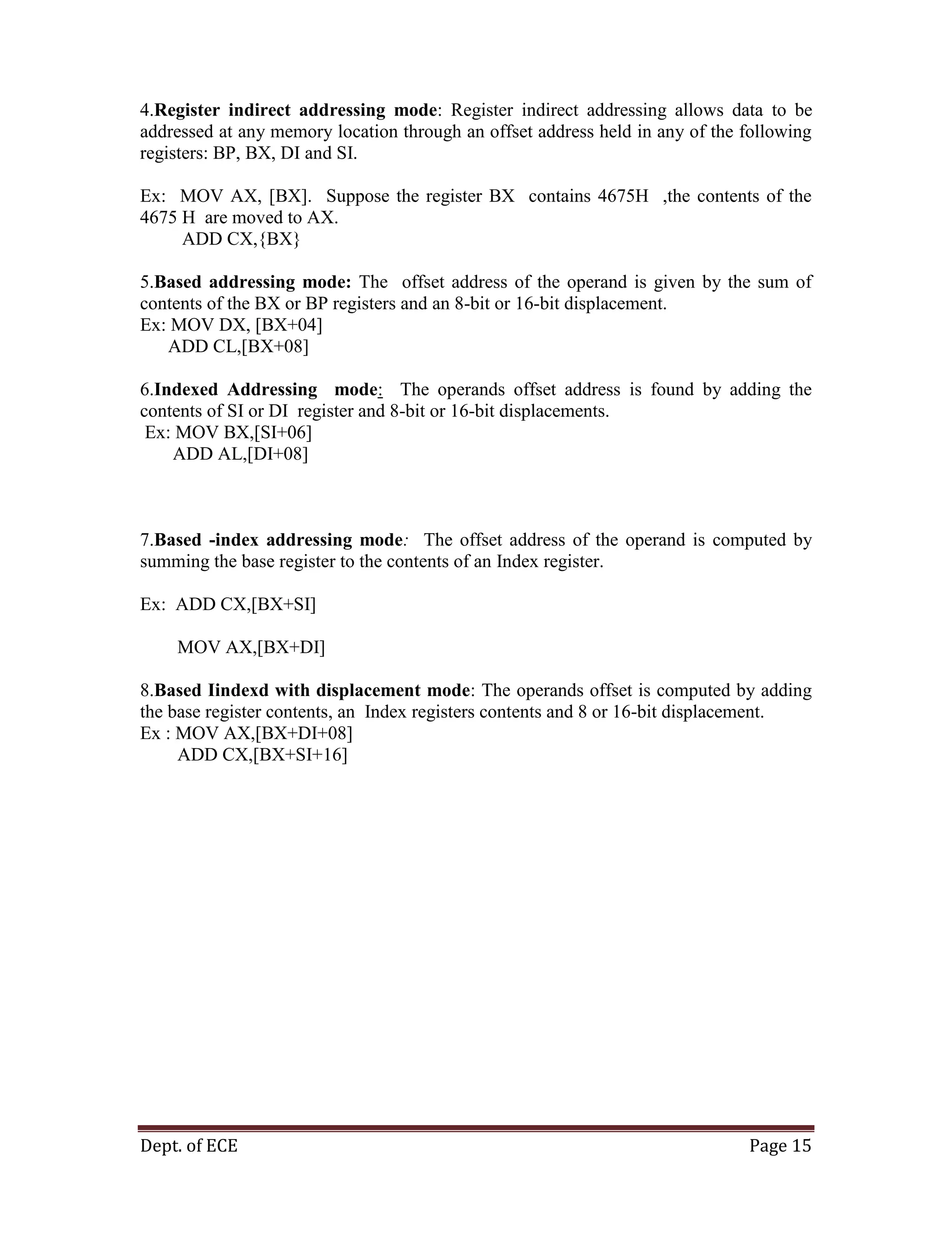 Dept. of ECE Page 15
4.Register indirect addressing mode: Register indirect addressing allows data to be
addressed at any memory location through an offset address held in any of the following
registers: BP, BX, DI and SI.
Ex: MOV AX, [BX]. Suppose the register BX contains 4675H ,the contents of the
4675 H are moved to AX.
ADD CX,{BX}
5.Based addressing mode: The offset address of the operand is given by the sum of
contents of the BX or BP registers and an 8-bit or 16-bit displacement.
Ex: MOV DX, [BX+04]
ADD CL,[BX+08]
6.Indexed Addressing mode: The operands offset address is found by adding the
contents of SI or DI register and 8-bit or 16-bit displacements.
Ex: MOV BX,[SI+06]
ADD AL,[DI+08]
7.Based -index addressing mode: The offset address of the operand is computed by
summing the base register to the contents of an Index register.
Ex: ADD CX,[BX+SI]
MOV AX,[BX+DI]
8.Based Iindexd with displacement mode: The operands offset is computed by adding
the base register contents, an Index registers contents and 8 or 16-bit displacement.
Ex : MOV AX,[BX+DI+08]
ADD CX,[BX+SI+16]
 