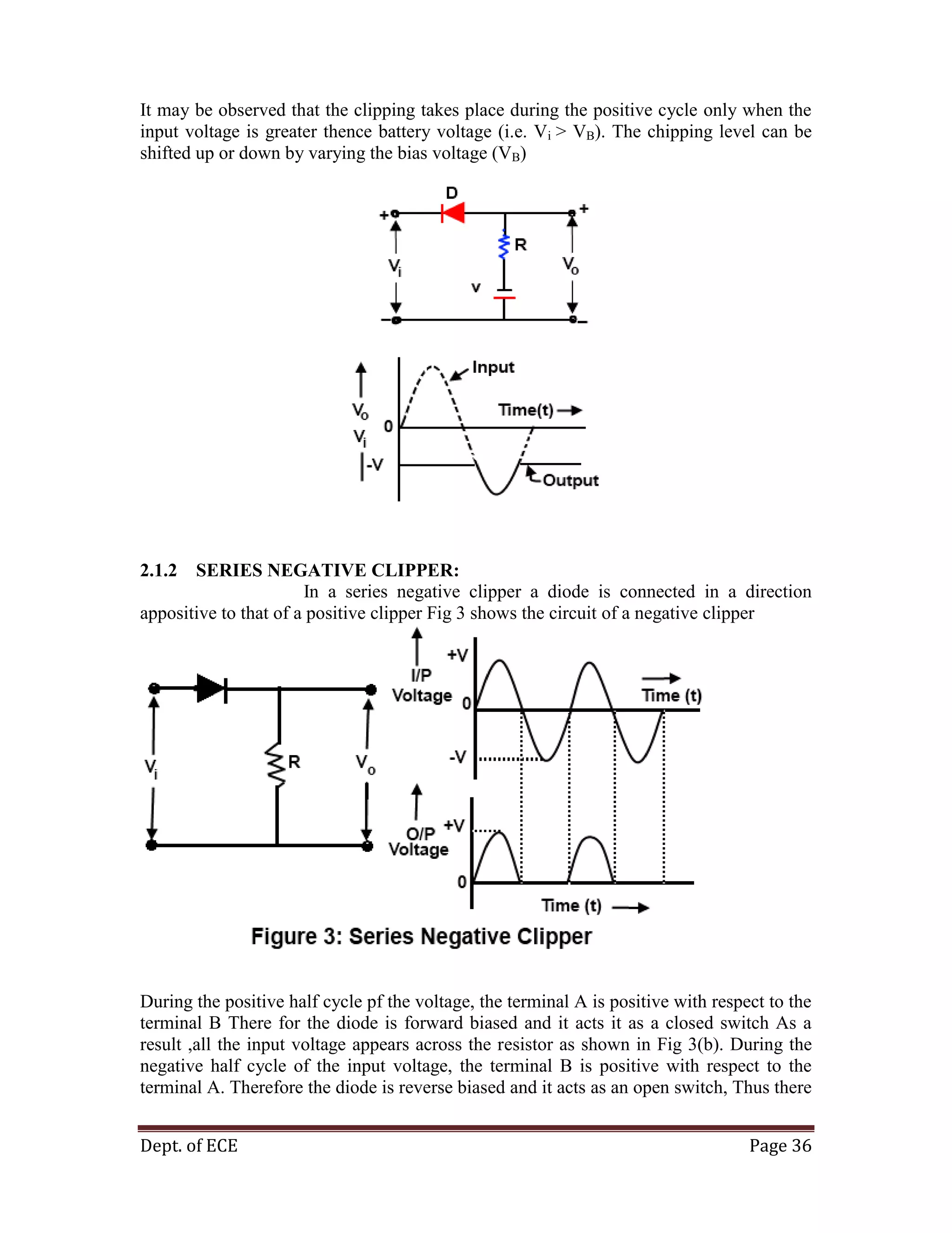 Dept. of ECE Page 36
It may be observed that the clipping takes place during the positive cycle only when the
input voltage is greater thence battery voltage (i.e. Vi > VB). The chipping level can be
shifted up or down by varying the bias voltage (VB)
2.1.2 SERIES NEGATIVE CLIPPER:
In a series negative clipper a diode is connected in a direction
appositive to that of a positive clipper Fig 3 shows the circuit of a negative clipper
During the positive half cycle pf the voltage, the terminal A is positive with respect to the
terminal B There for the diode is forward biased and it acts it as a closed switch As a
result ,all the input voltage appears across the resistor as shown in Fig 3(b). During the
negative half cycle of the input voltage, the terminal B is positive with respect to the
terminal A. Therefore the diode is reverse biased and it acts as an open switch, Thus there
 