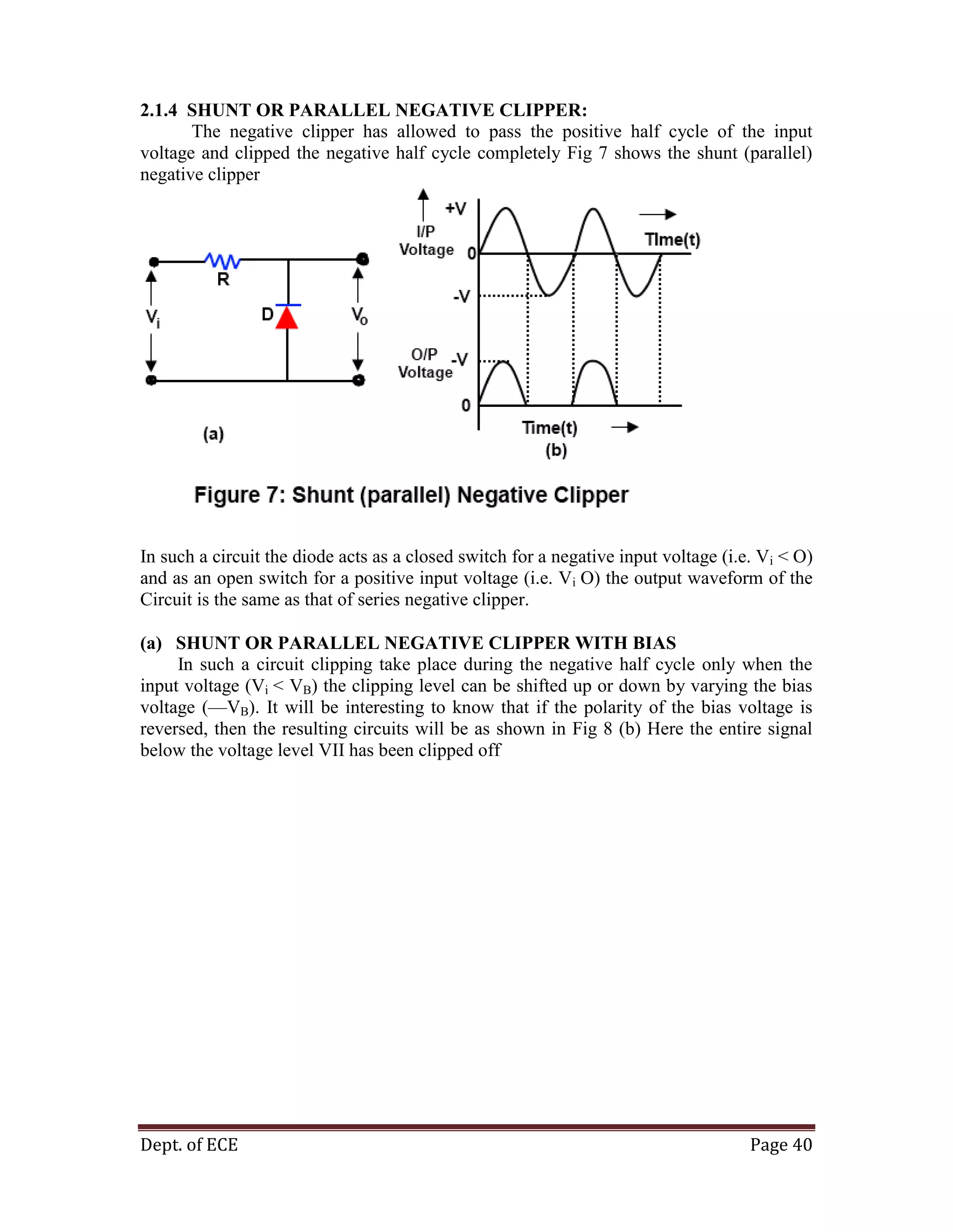 Dept. of ECE Page 40
2.1.4 SHUNT OR PARALLEL NEGATIVE CLIPPER:
The negative clipper has allowed to pass the positive half cycle of the input
voltage and clipped the negative half cycle completely Fig 7 shows the shunt (parallel)
negative clipper
In such a circuit the diode acts as a closed switch for a negative input voltage (i.e. Vi < O)
and as an open switch for a positive input voltage (i.e. Vi O) the output waveform of the
Circuit is the same as that of series negative clipper.
(a) SHUNT OR PARALLEL NEGATIVE CLIPPER WITH BIAS
In such a circuit clipping take place during the negative half cycle only when the
input voltage (Vi < VB) the clipping level can be shifted up or down by varying the bias
voltage (—VB). It will be interesting to know that if the polarity of the bias voltage is
reversed, then the resulting circuits will be as shown in Fig 8 (b) Here the entire signal
below the voltage level VII has been clipped off
 