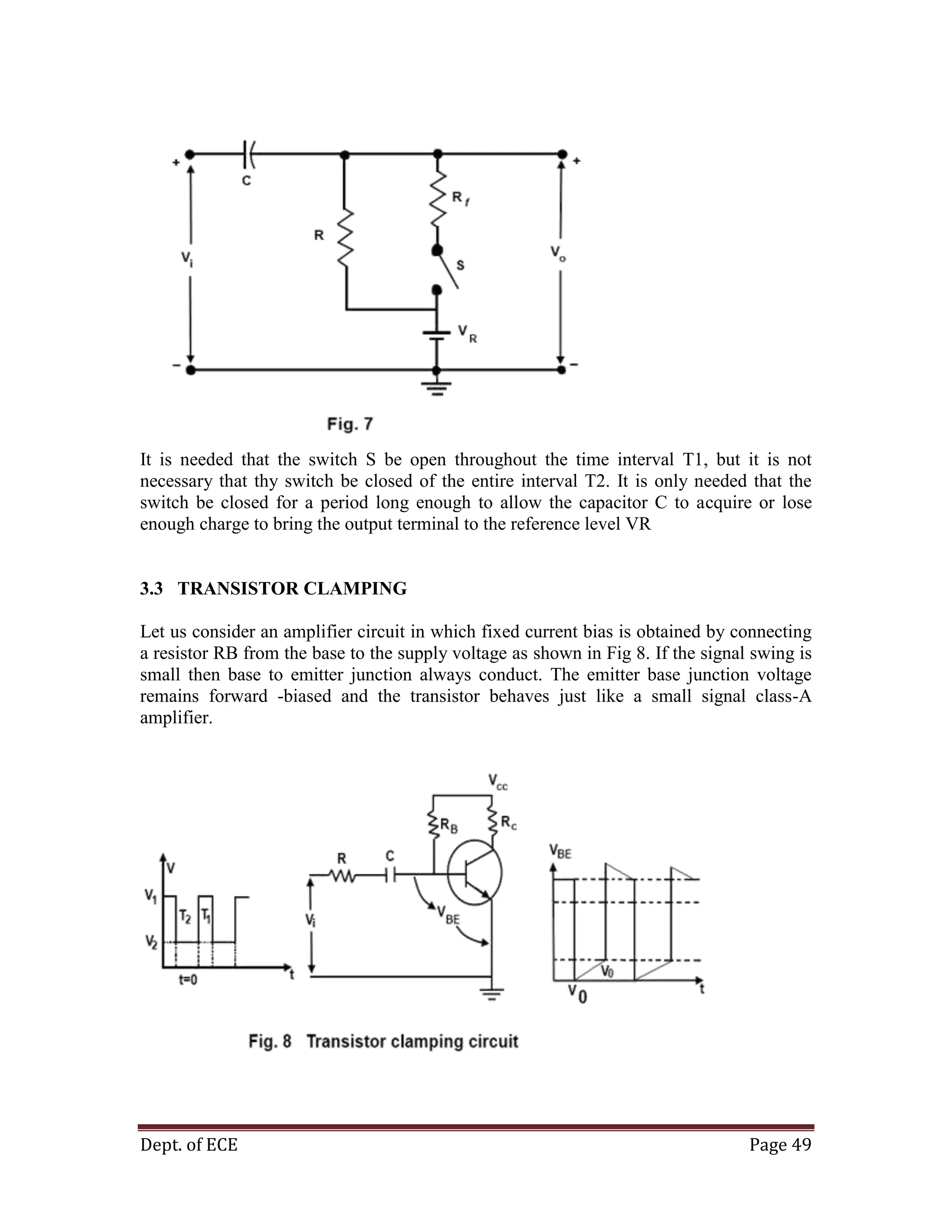 Dept. of ECE Page 49
It is needed that the switch S be open throughout the time interval T1, but it is not
necessary that thy switch be closed of the entire interval T2. It is only needed that the
switch be closed for a period long enough to allow the capacitor C to acquire or lose
enough charge to bring the output terminal to the reference level VR
3.3 TRANSISTOR CLAMPING
Let us consider an amplifier circuit in which fixed current bias is obtained by connecting
a resistor RB from the base to the supply voltage as shown in Fig 8. If the signal swing is
small then base to emitter junction always conduct. The emitter base junction voltage
remains forward -biased and the transistor behaves just like a small signal class-A
amplifier.
 