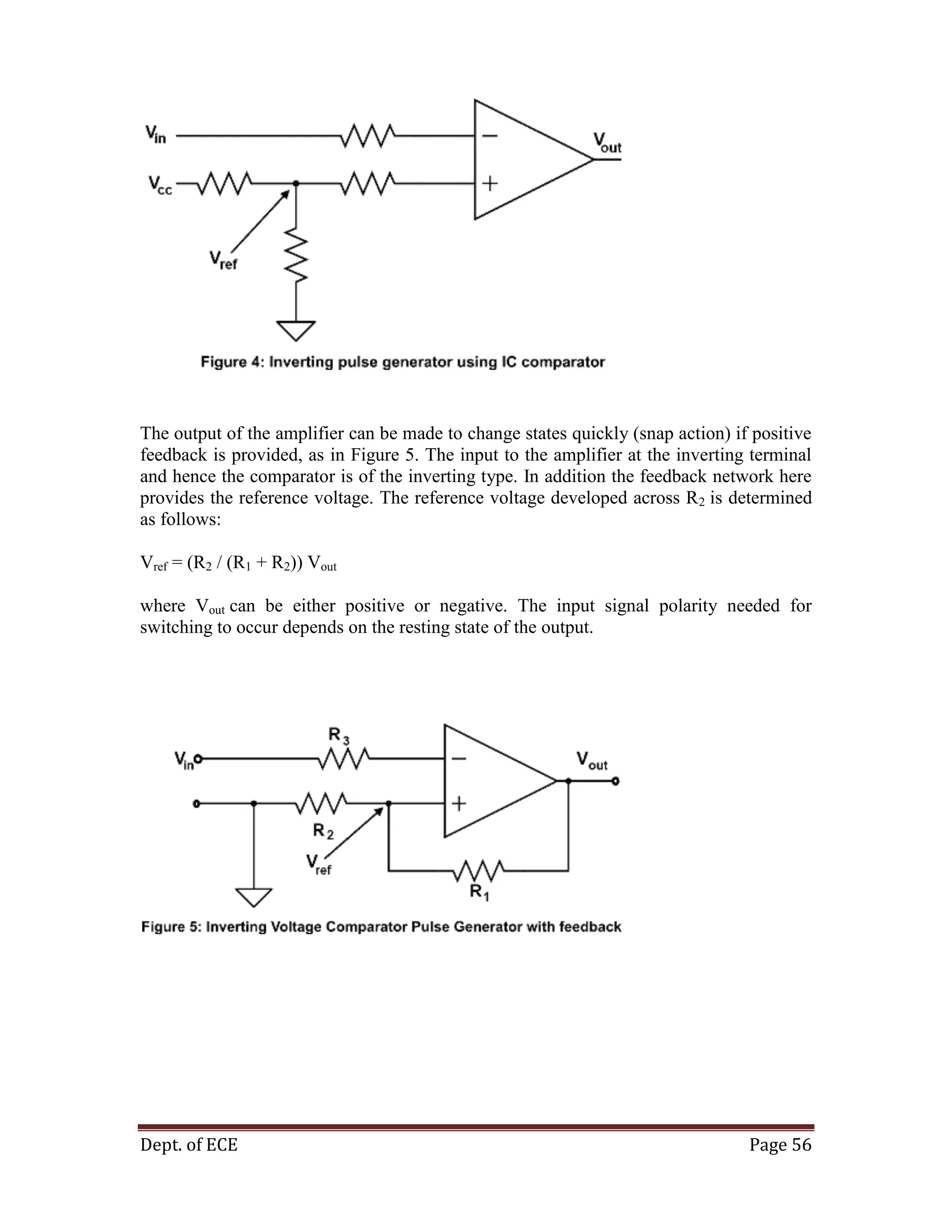 Dept. of ECE Page 56
The output of the amplifier can be made to change states quickly (snap action) if positive
feedback is provided, as in Figure 5. The input to the amplifier at the inverting terminal
and hence the comparator is of the inverting type. In addition the feedback network here
provides the reference voltage. The reference voltage developed across R2 is determined
as follows:
Vref = (R2 / (R1 + R2)) Vout
where Vout can be either positive or negative. The input signal polarity needed for
switching to occur depends on the resting state of the output.
 