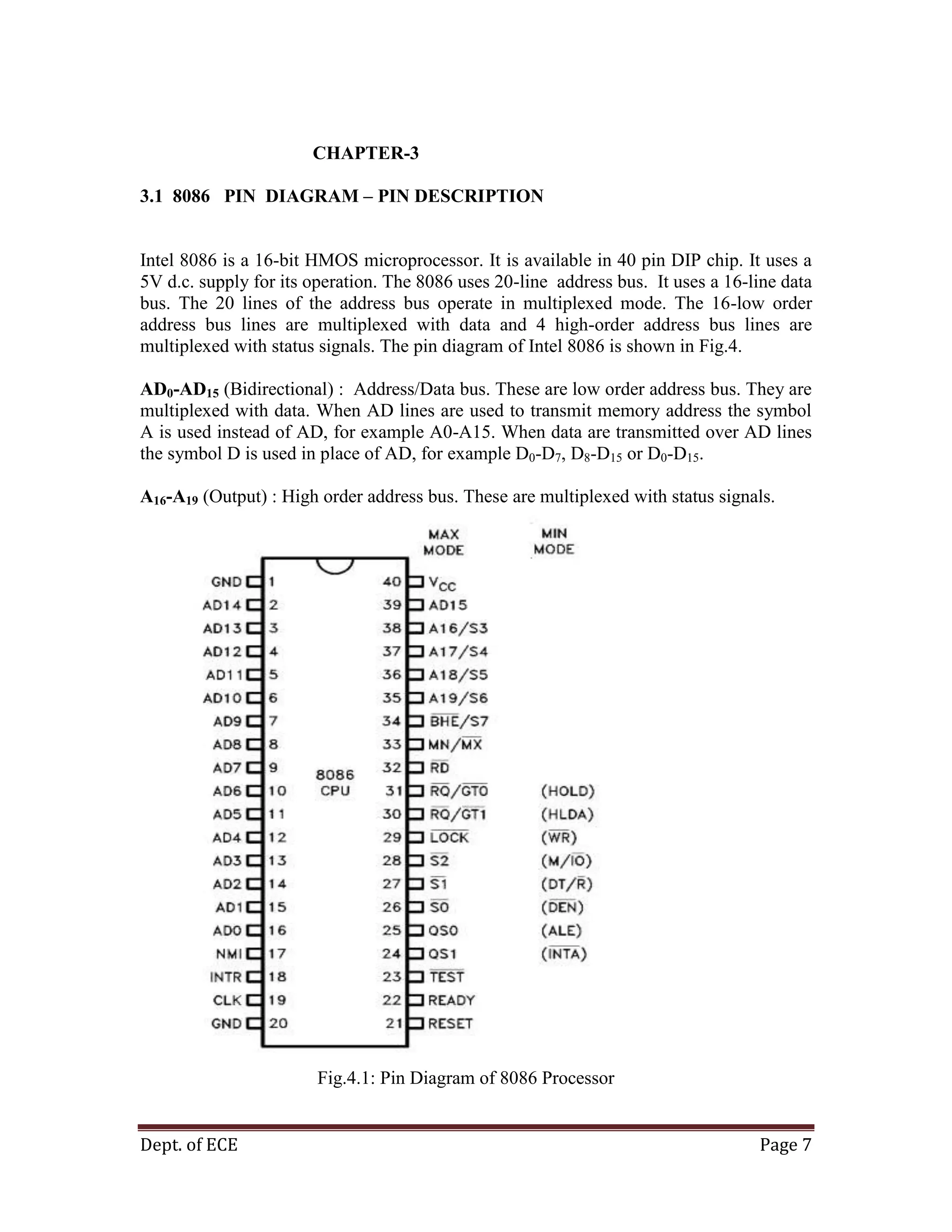 Dept. of ECE Page 7
CHAPTER-3
3.1 8086 PIN DIAGRAM – PIN DESCRIPTION
Intel 8086 is a 16-bit HMOS microprocessor. It is available in 40 pin DIP chip. It uses a
5V d.c. supply for its operation. The 8086 uses 20-line address bus. It uses a 16-line data
bus. The 20 lines of the address bus operate in multiplexed mode. The 16-low order
address bus lines are multiplexed with data and 4 high-order address bus lines are
multiplexed with status signals. The pin diagram of Intel 8086 is shown in Fig.4.
AD0-AD15 (Bidirectional) : Address/Data bus. These are low order address bus. They are
multiplexed with data. When AD lines are used to transmit memory address the symbol
A is used instead of AD, for example A0-A15. When data are transmitted over AD lines
the symbol D is used in place of AD, for example D0-D7, D8-D15 or D0-D15.
A16-A19 (Output) : High order address bus. These are multiplexed with status signals.
Fig.4.1: Pin Diagram of 8086 Processor
 