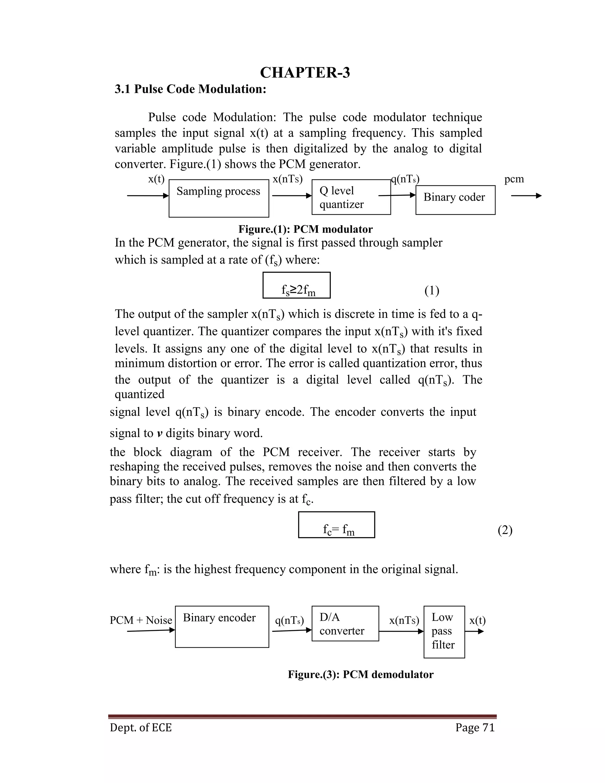 Dept. of ECE Page 71
CHAPTER-3
3.1 Pulse Code Modulation:
Pulse code Modulation: The pulse code modulator technique
samples the input signal x(t) at a sampling frequency. This sampled
variable amplitude pulse is then digitalized by the analog to digital
converter. Figure.(1) shows the PCM generator.
x(t) x(nTS) q(nTs) pcm
Figure.(1): PCM modulator
In the PCM generator, the signal is first passed through sampler
which is sampled at a rate of (fs) where:
fs≥2fm (1)
The output of the sampler x(nTs) which is discrete in time is fed to a q-
level quantizer. The quantizer compares the input x(nTs) with it's fixed
levels. It assigns any one of the digital level to x(nTs) that results in
minimum distortion or error. The error is called quantization error, thus
the output of the quantizer is a digital level called q(nTs). The
quantized
signal level q(nTs) is binary encode. The encoder converts the input
signal to v digits binary word.
the block diagram of the PCM receiver. The receiver starts by
reshaping the received pulses, removes the noise and then converts the
binary bits to analog. The received samples are then filtered by a low
pass filter; the cut off frequency is at fc.
fc= fm (2)
where fm: is the highest frequency component in the original signal.
PCM + Noise q(nTs) x(nTS) x(t)
Figure.(3): PCM demodulator
Sampling process Q level
quantizer
Binary coder
Binary encoder D/A
converter
Low
pass
filter
 