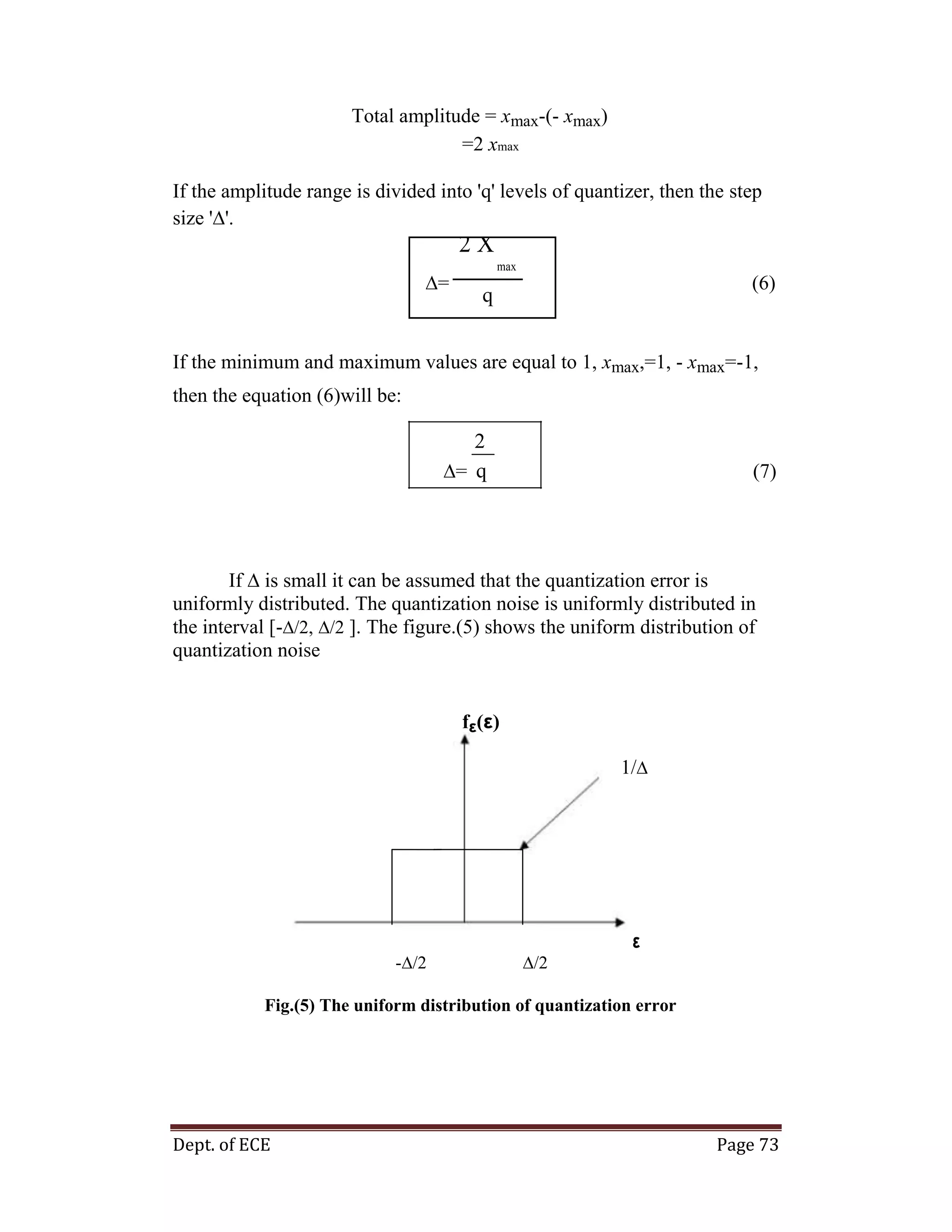 Dept. of ECE Page 73
Total amplitude = xmax-(- xmax)
=2 xmax
If the amplitude range is divided into 'q' levels of quantizer, then the step
size '∆'.
∆=
2 X
max
(6)
q
If the minimum and maximum values are equal to 1, xmax,=1, - xmax=-1,
then the equation (6)will be:
∆=
2
(7)q
If ∆ is small it can be assumed that the quantization error is
uniformly distributed. The quantization noise is uniformly distributed in
the interval [-∆/2, ∆/2 ]. The figure.(5) shows the uniform distribution of
quantization noise
fε(ε)
1/∆
ε
-∆/2 ∆/2
Fig.(5) The uniform distribution of quantization error
 