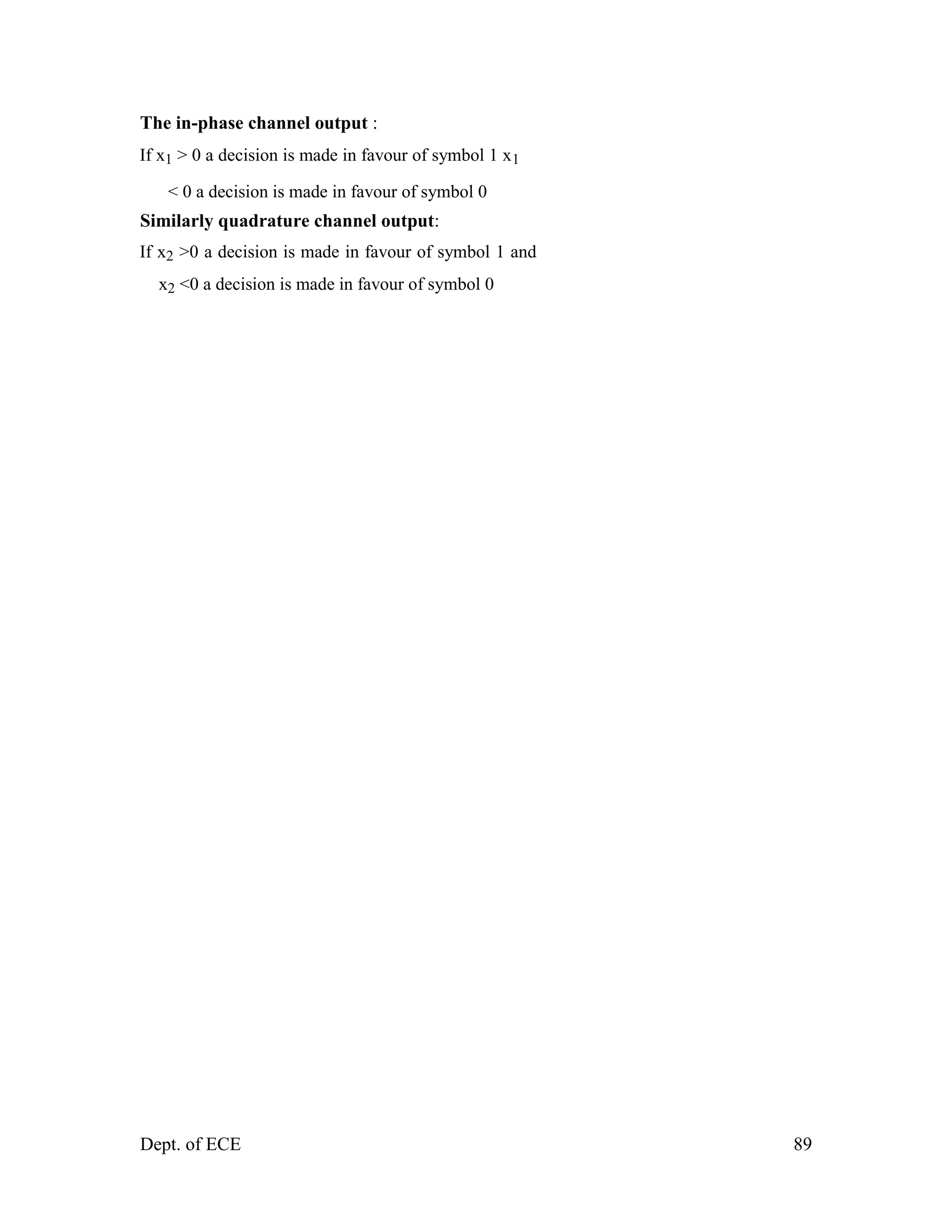 Dept. of ECE 89
The in-phase channel output :
If x1 > 0 a decision is made in favour of symbol 1 x1
< 0 a decision is made in favour of symbol 0
Similarly quadrature channel output:
If x2 >0 a decision is made in favour of symbol 1 and
x2 <0 a decision is made in favour of symbol 0
 
