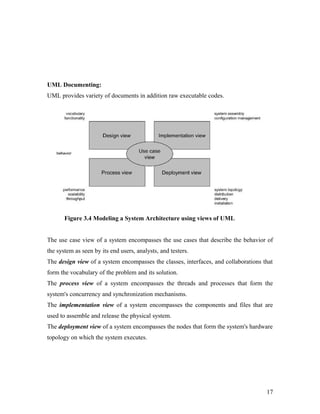 UML Documenting: 
UML provides variety of documents in addition raw executable codes. 
Figure 3.4 Modeling a System Architecture using views of UML 
The use case view of a system encompasses the use cases that describe the behavior of 
the system as seen by its end users, analysts, and testers. 
The design view of a system encompasses the classes, interfaces, and collaborations that 
form the vocabulary of the problem and its solution. 
The process view of a system encompasses the threads and processes that form the 
system's concurrency and synchronization mechanisms. 
The implementation view of a system encompasses the components and files that are 
used to assemble and release the physical system. 
The deployment view of a system encompasses the nodes that form the system's hardware 
topology on which the system executes. 
17 
 