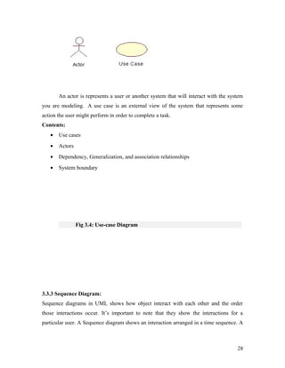 An actor is represents a user or another system that will interact with the system 
you are modeling. A use case is an external view of the system that represents some 
action the user might perform in order to complete a task. 
Contents: 
· Use cases 
· Actors 
· Dependency, Generalization, and association relationships 
· System boundary 
Fig 3.4: Use-case Diagram 
3.3.3 Sequence Diagram: 
Sequence diagrams in UML shows how object interact with each other and the order 
those interactions occur. It’s important to note that they show the interactions for a 
particular user. A Sequence diagram shows an interaction arranged in a time sequence. A 
28 
 