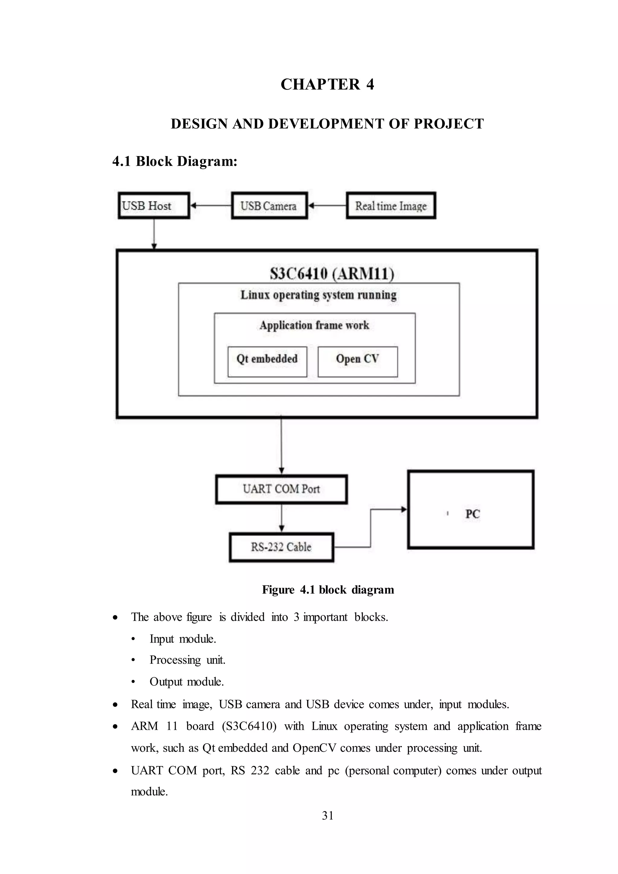 31
CHAPTER 4
DESIGN AND DEVELOPMENT OF PROJECT
4.1 Block Diagram:
Figure 4.1 block diagram
 The above figure is divided into 3 important blocks.
• Input module.
• Processing unit.
• Output module.
 Real time image, USB camera and USB device comes under, input modules.
 ARM 11 board (S3C6410) with Linux operating system and application frame
work, such as Qt embedded and OpenCV comes under processing unit.
 UART COM port, RS 232 cable and pc (personal computer) comes under output
module.
 